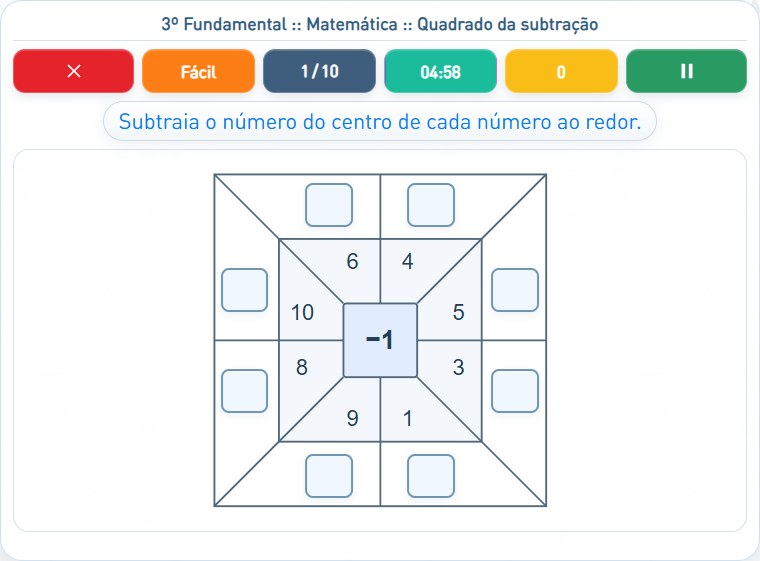 Captura de uma partida de Quadrado da subtração, com as áreas numeradas e explicadas a seguir.