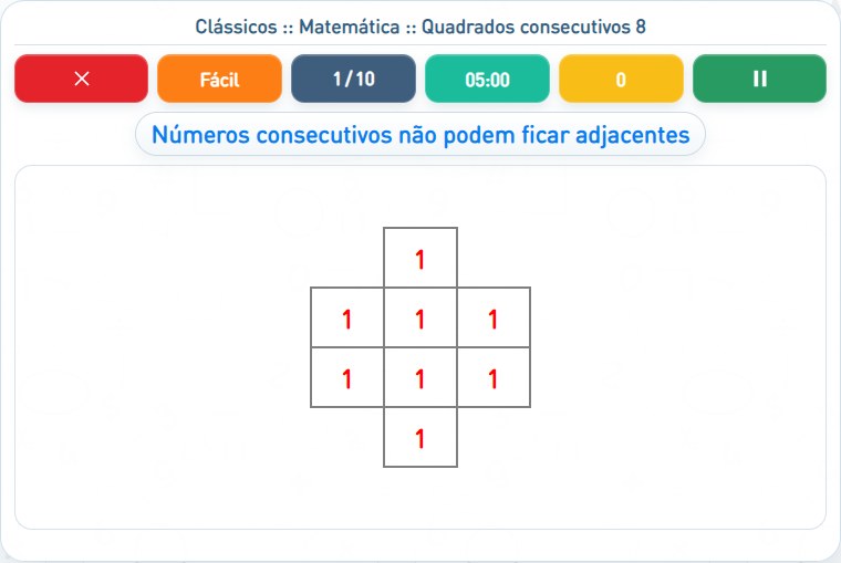 Captura de uma partida de Quadrados consecutivos 8, com as áreas numeradas e explicadas a seguir.