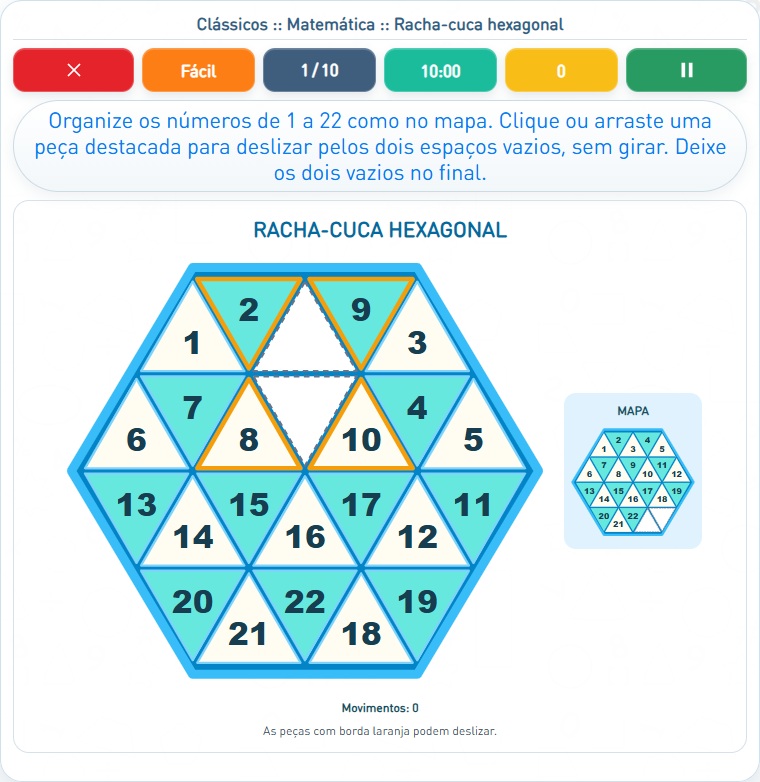 Captura de uma partida de Racha-cuca hexagonal, com as áreas numeradas e explicadas a seguir.
