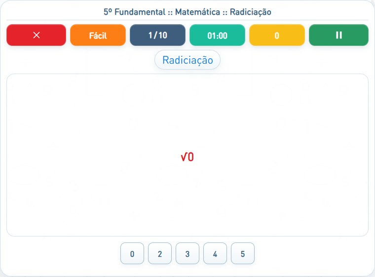 Captura de uma partida de Radiciação, com as áreas numeradas e explicadas a seguir.