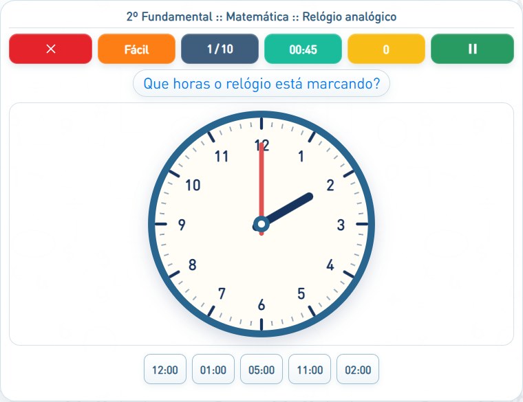 Captura de uma partida de Relógio analógico, com as áreas numeradas e explicadas a seguir.
