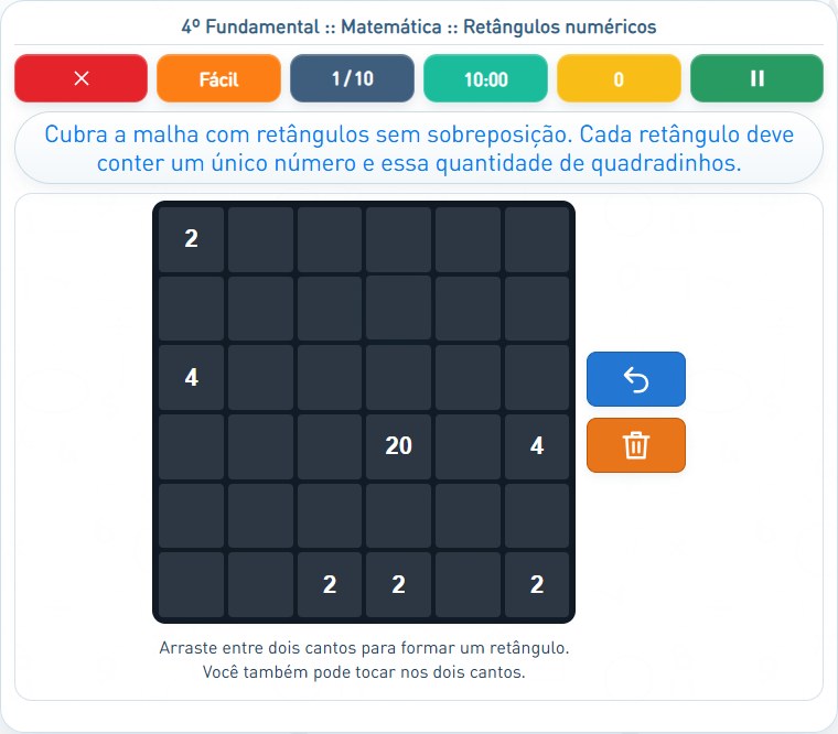 Captura de uma partida de Retângulos numéricos, com as áreas numeradas e explicadas a seguir.