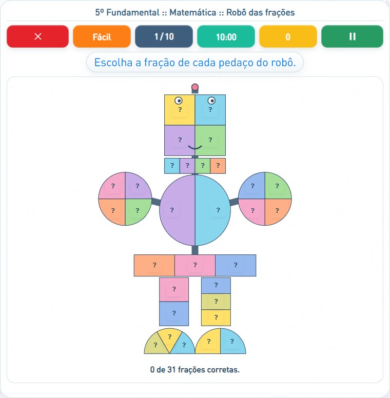 Captura de uma partida de Robô das frações, com as áreas numeradas e explicadas a seguir.