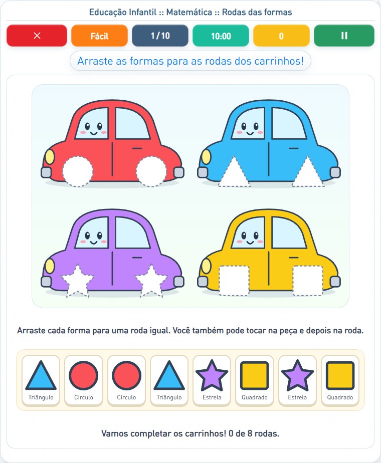 Captura de uma partida de Rodas das formas, com as áreas numeradas e explicadas a seguir.