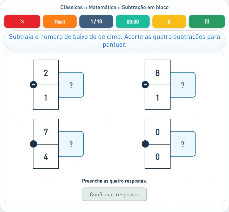 Captura de uma partida de Subtração em bloco, com as áreas numeradas e explicadas a seguir.