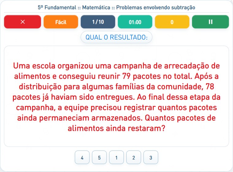 Captura de uma partida de Problemas envolvendo subtração, com as áreas numeradas e explicadas a seguir.