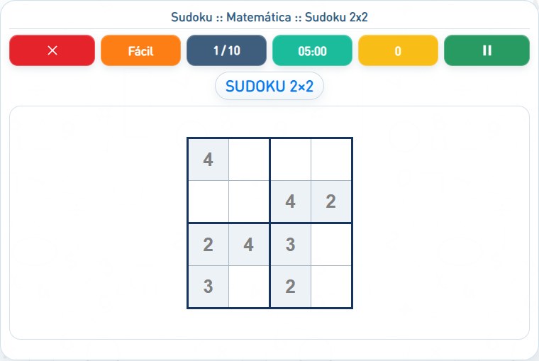 Captura de uma partida de Sudoku 2x2, com as áreas numeradas e explicadas a seguir.