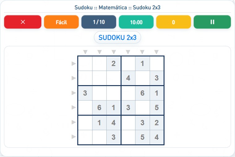 Captura de uma partida de Sudoku 2x3, com as áreas numeradas e explicadas a seguir.