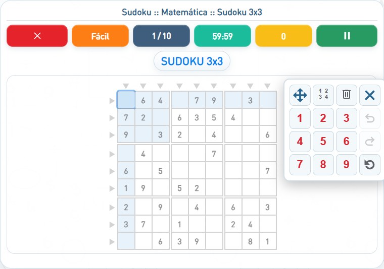 Captura de uma partida de Sudoku 3x3, com as áreas numeradas e explicadas a seguir.