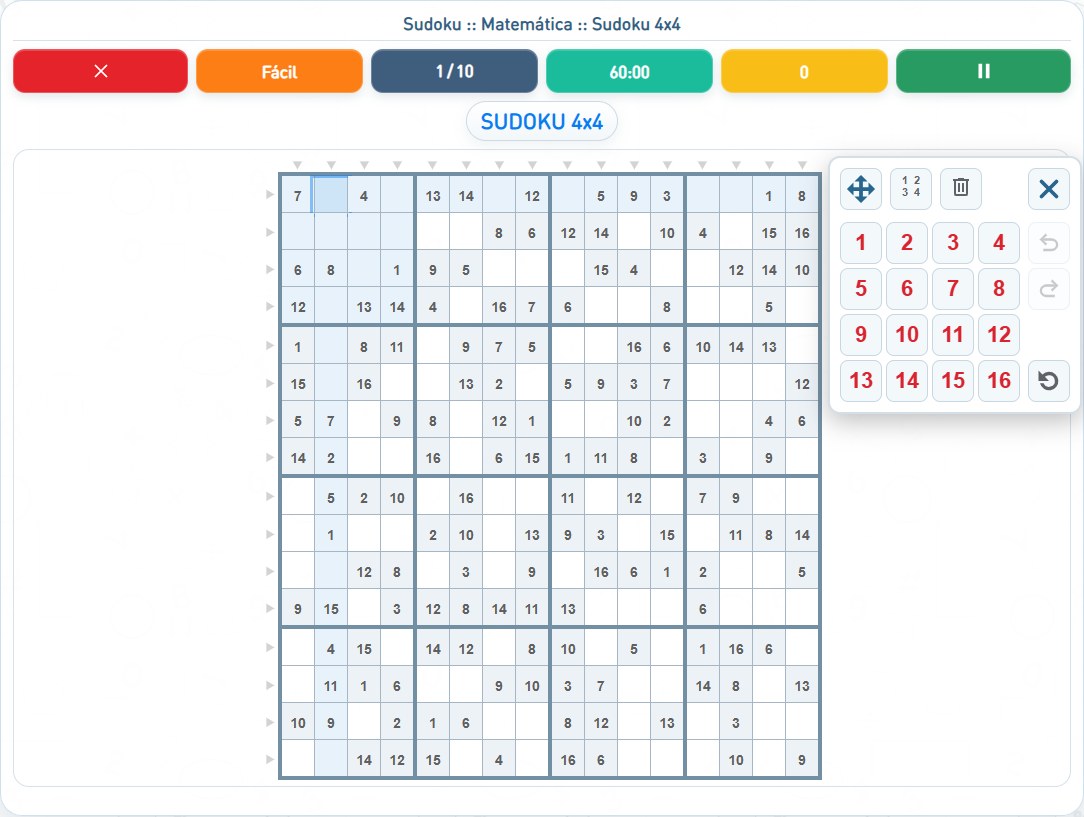 Captura de uma partida de Sudoku 4x4, com as áreas numeradas e explicadas a seguir.