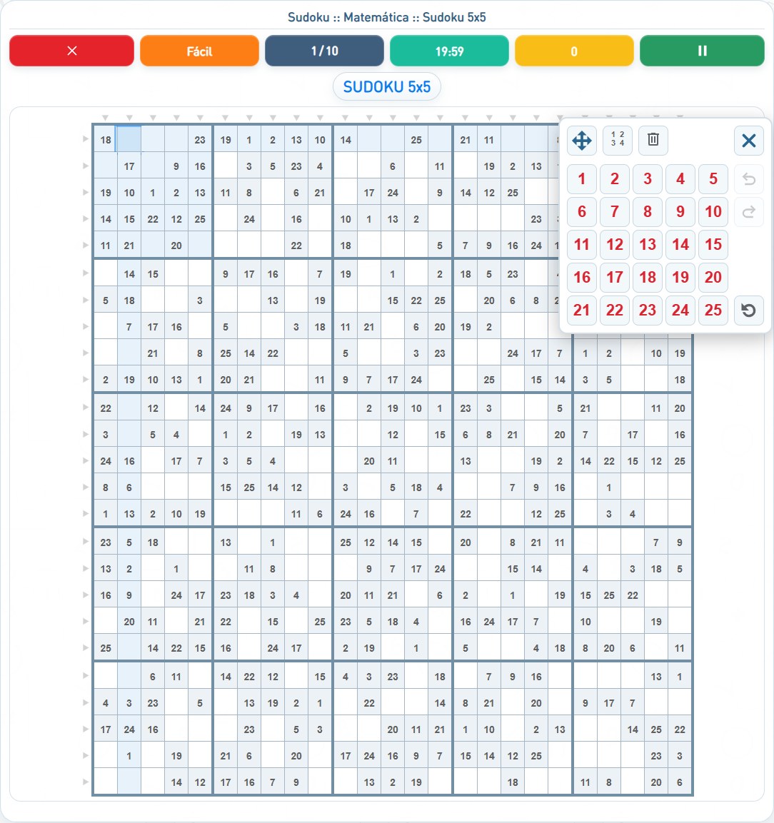 Captura de uma partida de Sudoku 5x5, com as áreas numeradas e explicadas a seguir.