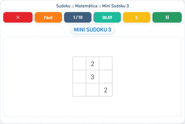 Captura de uma partida de Mini Sudoku 3, com as áreas numeradas e explicadas a seguir.