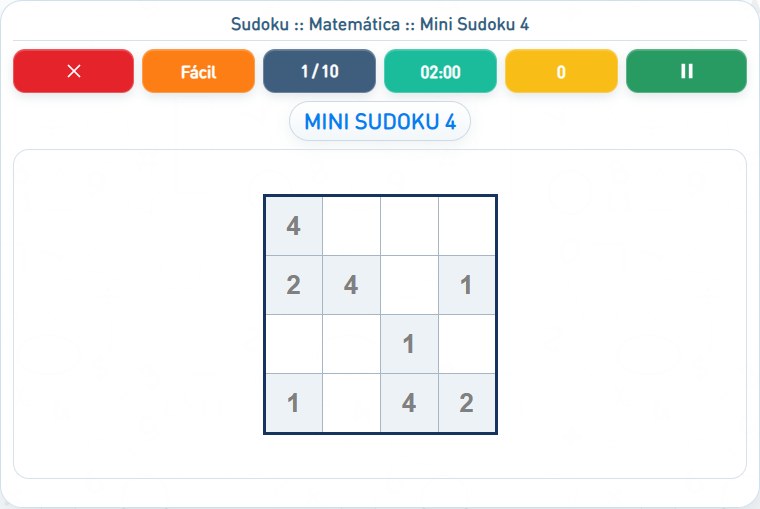 Captura de uma partida de Mini Sudoku 4, com as áreas numeradas e explicadas a seguir.