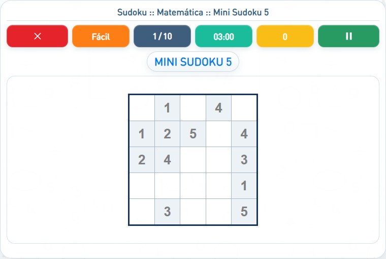 Captura de uma partida de Mini Sudoku 5, com as áreas numeradas e explicadas a seguir.