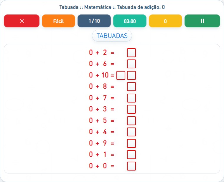 Captura de uma partida de Tabuada de adição: 0, com as áreas numeradas e explicadas a seguir.