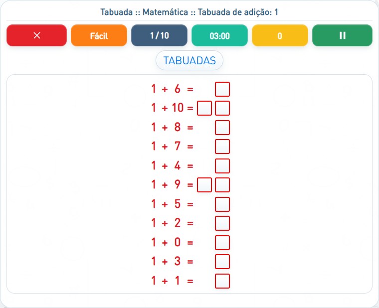 Captura de uma partida de Tabuada de adição: 1, com as áreas numeradas e explicadas a seguir.
