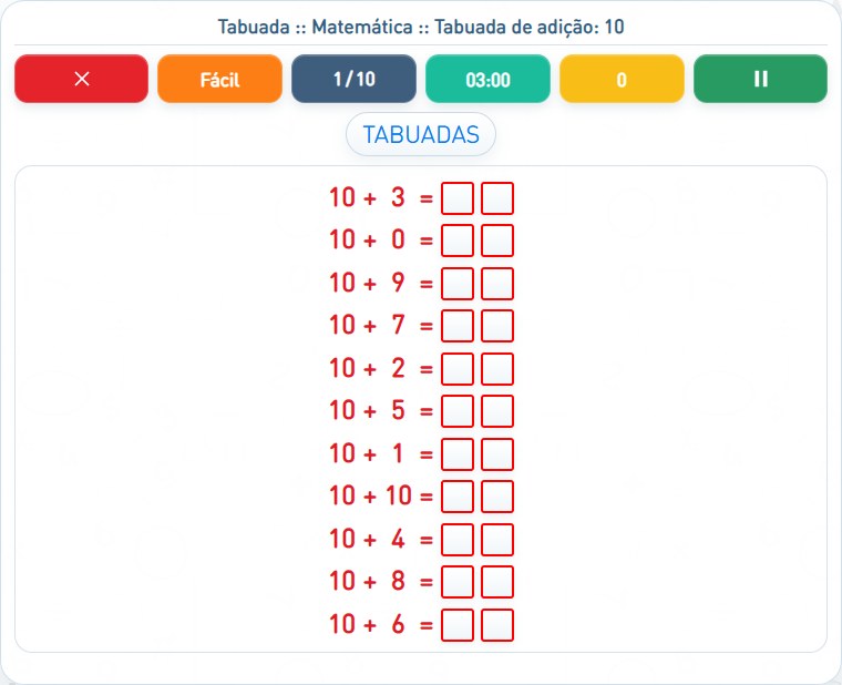 Captura de uma partida de Tabuada de adição: 10, com as áreas numeradas e explicadas a seguir.