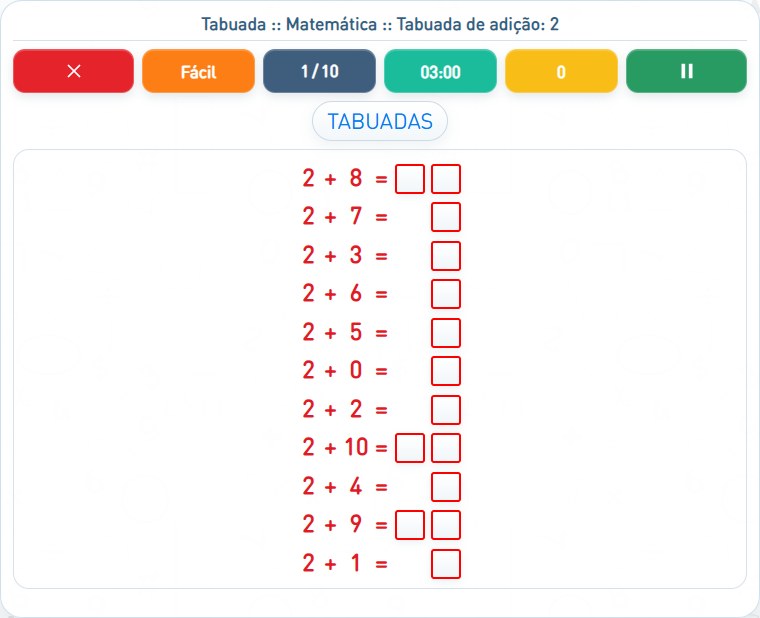 Captura de uma partida de Tabuada de adição: 2, com as áreas numeradas e explicadas a seguir.