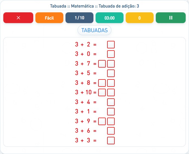 Captura de uma partida de Tabuada de adição: 3, com as áreas numeradas e explicadas a seguir.