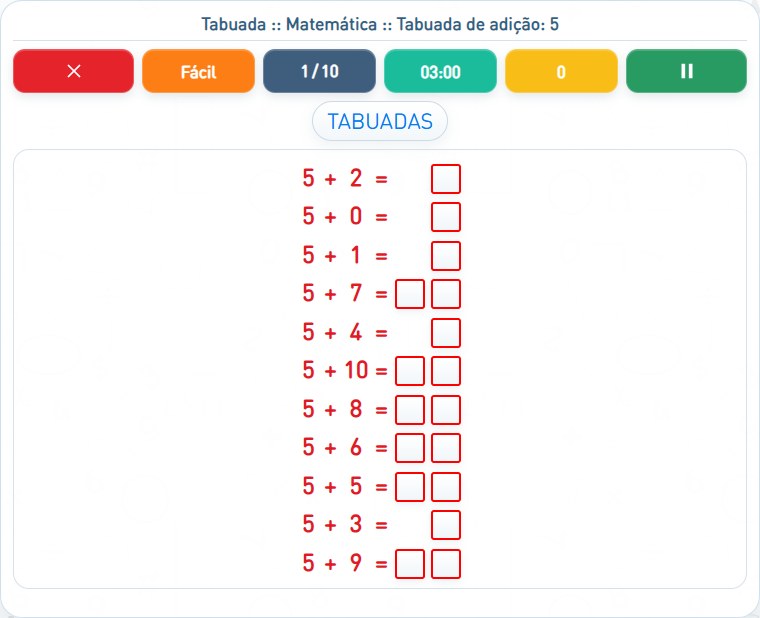 Captura de uma partida de Tabuada de adição: 5, com as áreas numeradas e explicadas a seguir.
