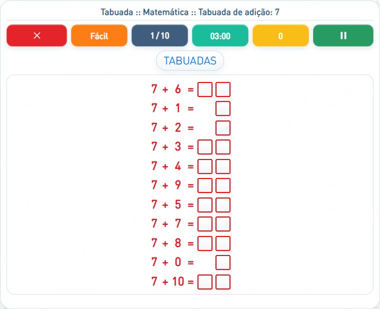 Captura de uma partida de Tabuada de adição: 7, com as áreas numeradas e explicadas a seguir.