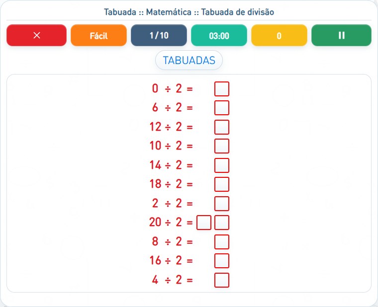 Captura de uma partida de Tabuada de divisão, com as áreas numeradas e explicadas a seguir.