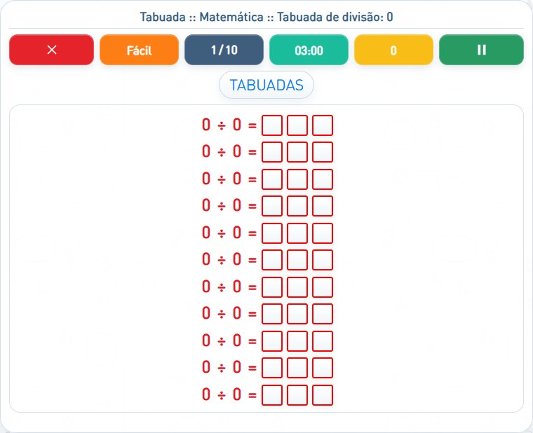 Captura de uma partida de Tabuada de divisão: 0, com as áreas numeradas e explicadas a seguir.
