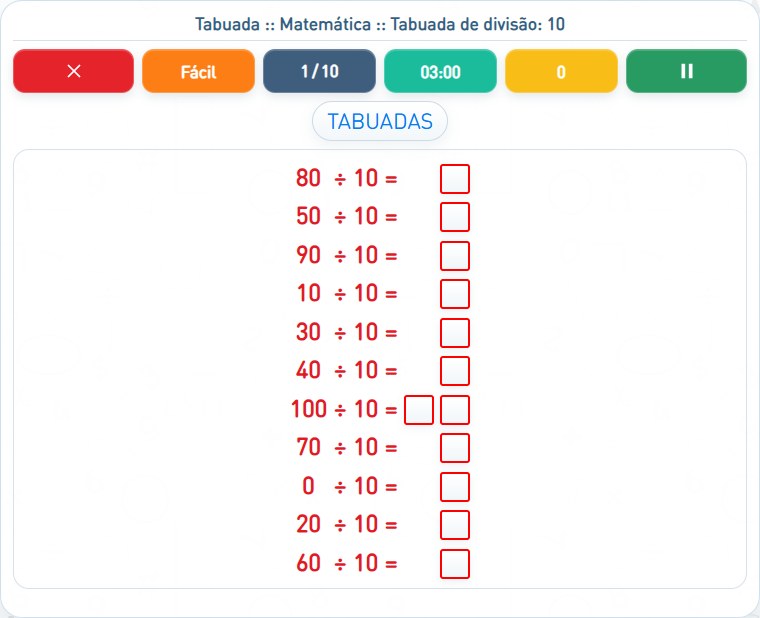 Captura de uma partida de Tabuada de divisão: 10, com as áreas numeradas e explicadas a seguir.