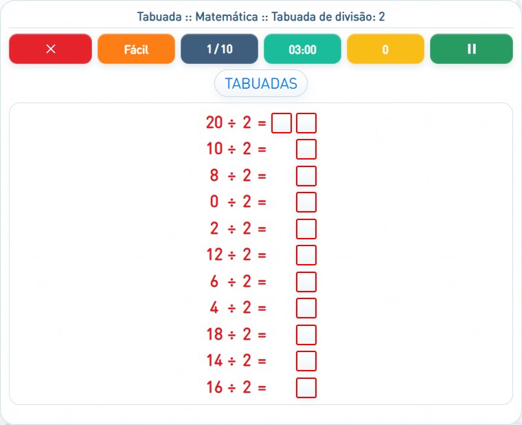 Captura de uma partida de Tabuada de divisão: 2, com as áreas numeradas e explicadas a seguir.