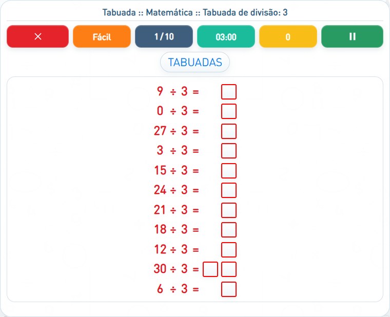 Captura de uma partida de Tabuada de divisão: 3, com as áreas numeradas e explicadas a seguir.
