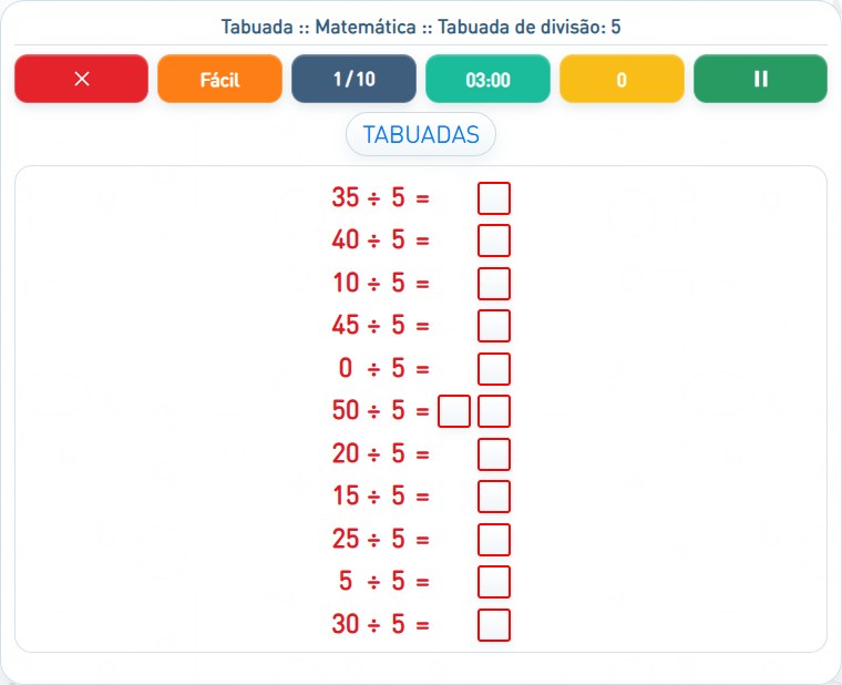 Captura de uma partida de Tabuada de divisão: 5, com as áreas numeradas e explicadas a seguir.