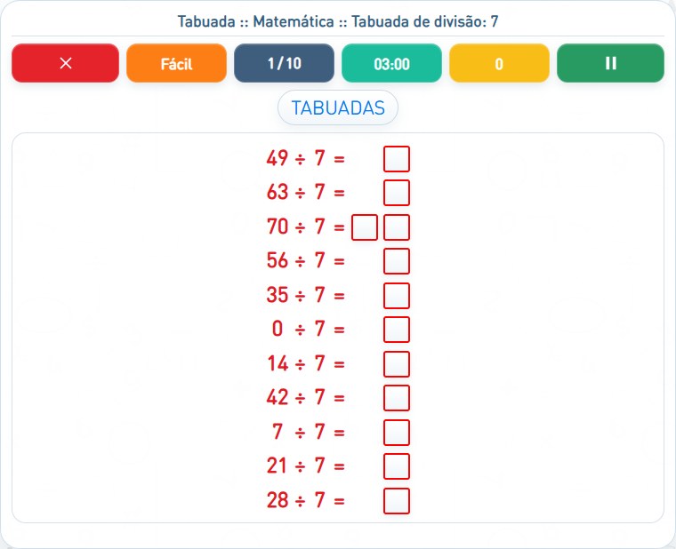 Captura de uma partida de Tabuada de divisão: 7, com as áreas numeradas e explicadas a seguir.