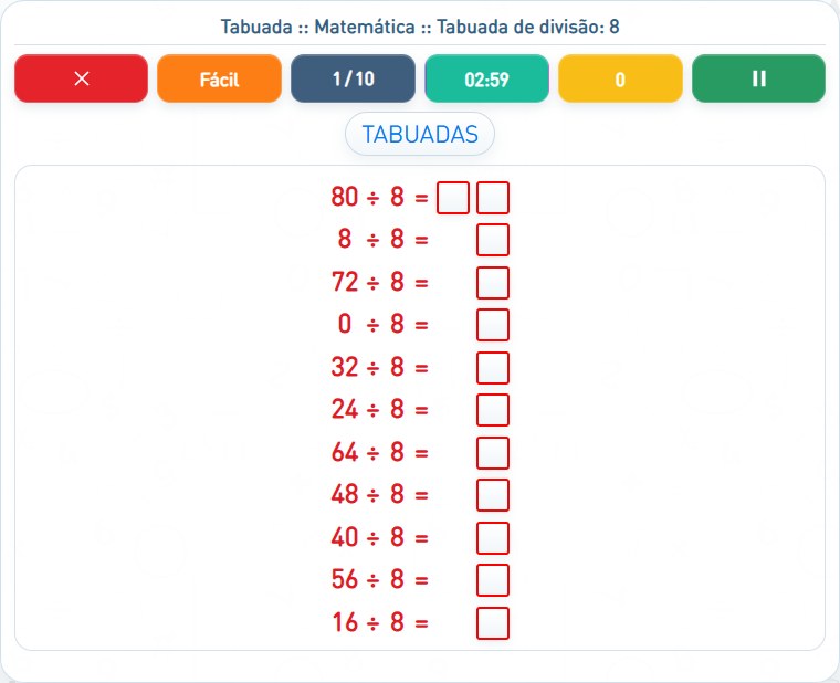 Captura de uma partida de Tabuada de divisão: 8, com as áreas numeradas e explicadas a seguir.