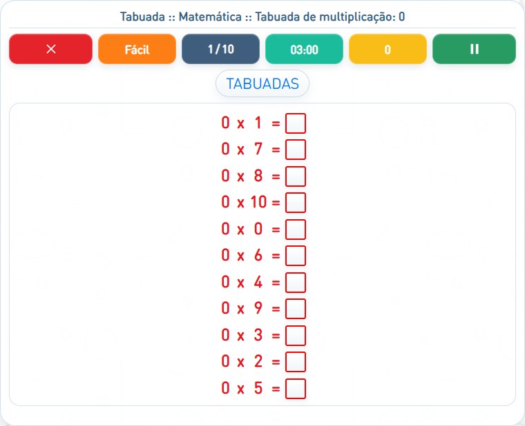 Captura de uma partida de Tabuada de multiplicação: 0, com as áreas numeradas e explicadas a seguir.