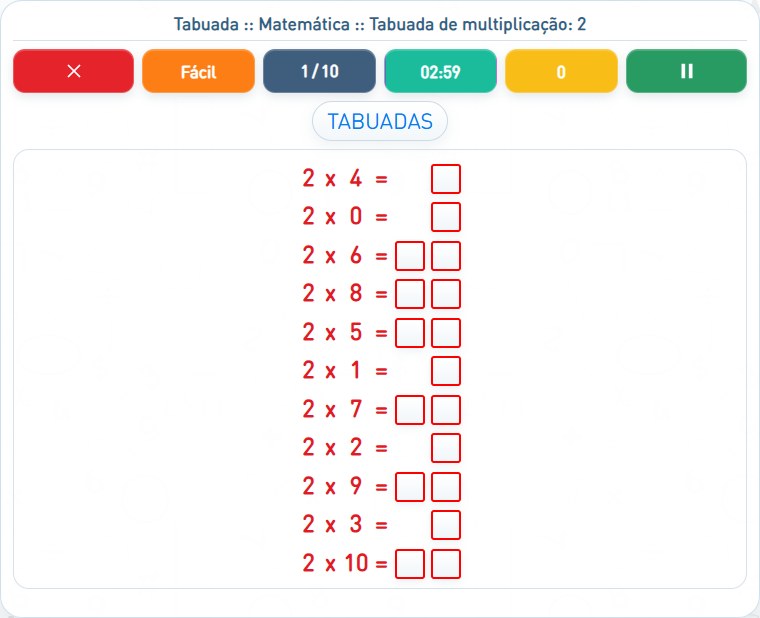 Captura de uma partida de Tabuada de multiplicação: 2, com as áreas numeradas e explicadas a seguir.