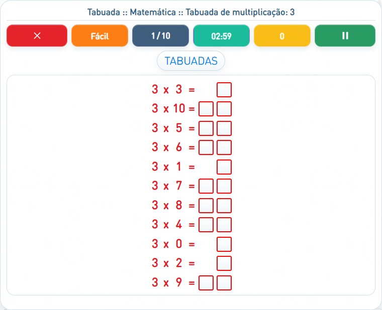 Captura de uma partida de Tabuada de multiplicação: 3, com as áreas numeradas e explicadas a seguir.