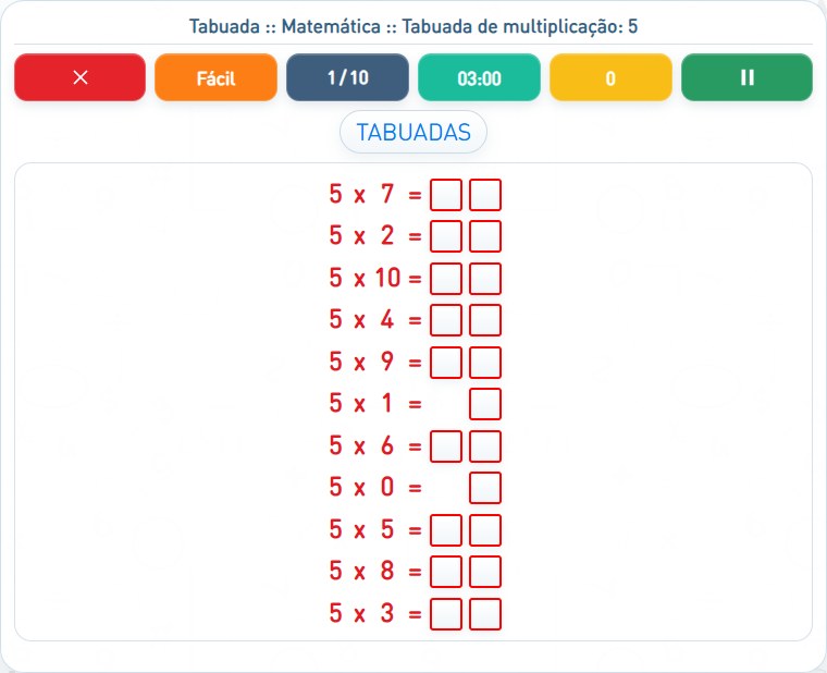 Captura de uma partida de Tabuada de multiplicação: 5, com as áreas numeradas e explicadas a seguir.