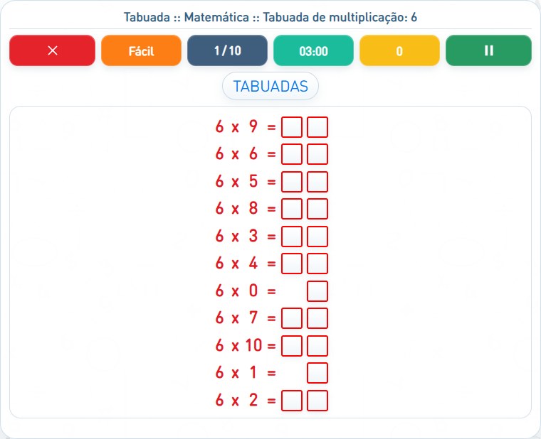 Captura de uma partida de Tabuada de multiplicação: 6, com as áreas numeradas e explicadas a seguir.