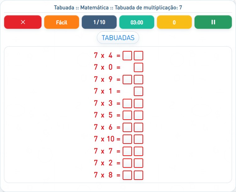 Captura de uma partida de Tabuada de multiplicação: 7, com as áreas numeradas e explicadas a seguir.