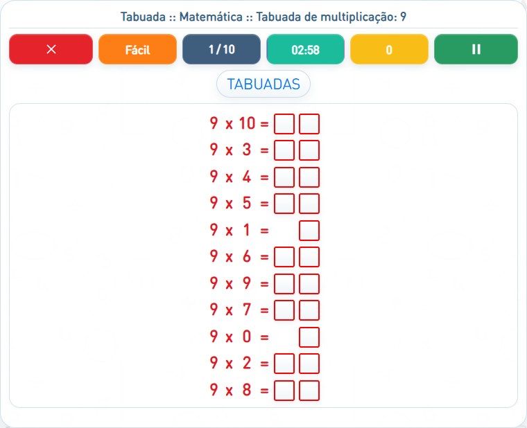Captura de uma partida de Tabuada de multiplicação: 9, com as áreas numeradas e explicadas a seguir.