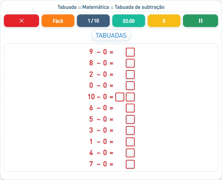 Captura de uma partida de Tabuada de subtração, com as áreas numeradas e explicadas a seguir.
