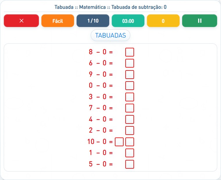 Captura de uma partida de Tabuada de subtração: 0, com as áreas numeradas e explicadas a seguir.