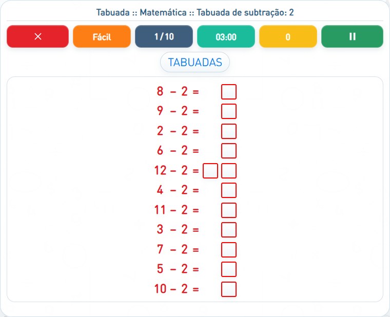 Captura de uma partida de Tabuada de subtração: 2, com as áreas numeradas e explicadas a seguir.