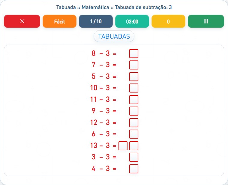 Captura de uma partida de Tabuada de subtração: 3, com as áreas numeradas e explicadas a seguir.