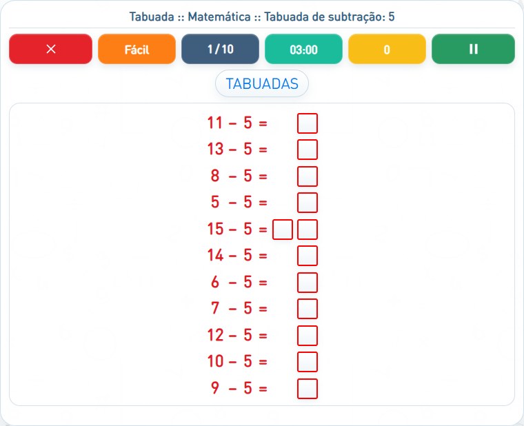 Captura de uma partida de Tabuada de subtração: 5, com as áreas numeradas e explicadas a seguir.