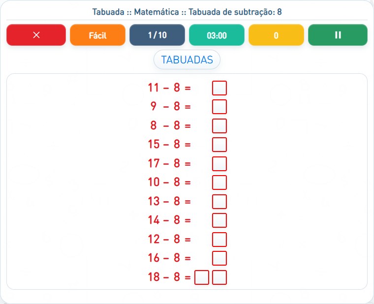 Captura de uma partida de Tabuada de subtração: 8, com as áreas numeradas e explicadas a seguir.