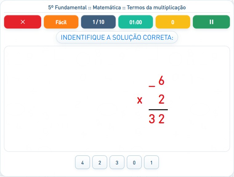 Captura de uma partida de Termos da multiplicação, com as áreas numeradas e explicadas a seguir.