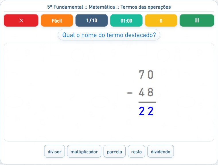 Captura de uma partida de Termos das operações, com as áreas numeradas e explicadas a seguir.