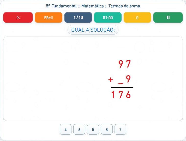 Captura de uma partida de Termos da soma, com as áreas numeradas e explicadas a seguir.