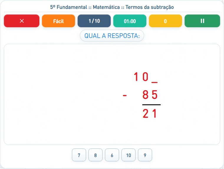 Captura de uma partida de Termos da subtração, com as áreas numeradas e explicadas a seguir.